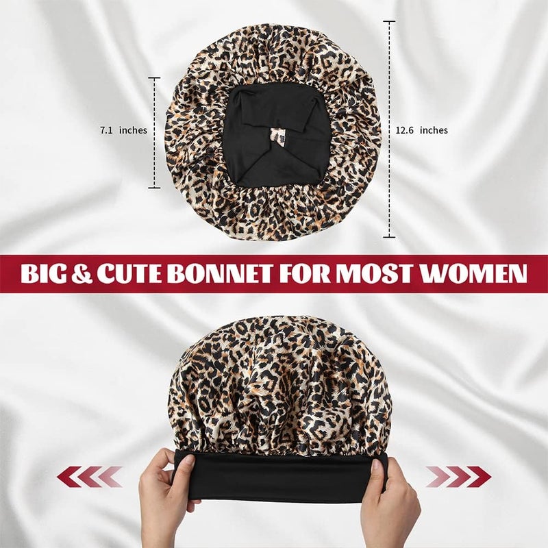 LEADUWAY 2Pcs Satin Bonnet Silk Bonnet, Hair Bonnet for Sleeping, Elastic Wide Band Silk Sleep Cap, Soft and Breathable(Black Leopard) - Image 4